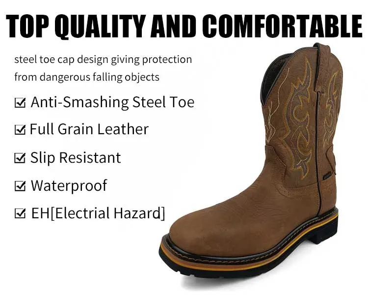 Square Steel Toe Cowboy Style Steel Toe Leather Upper Western Boots