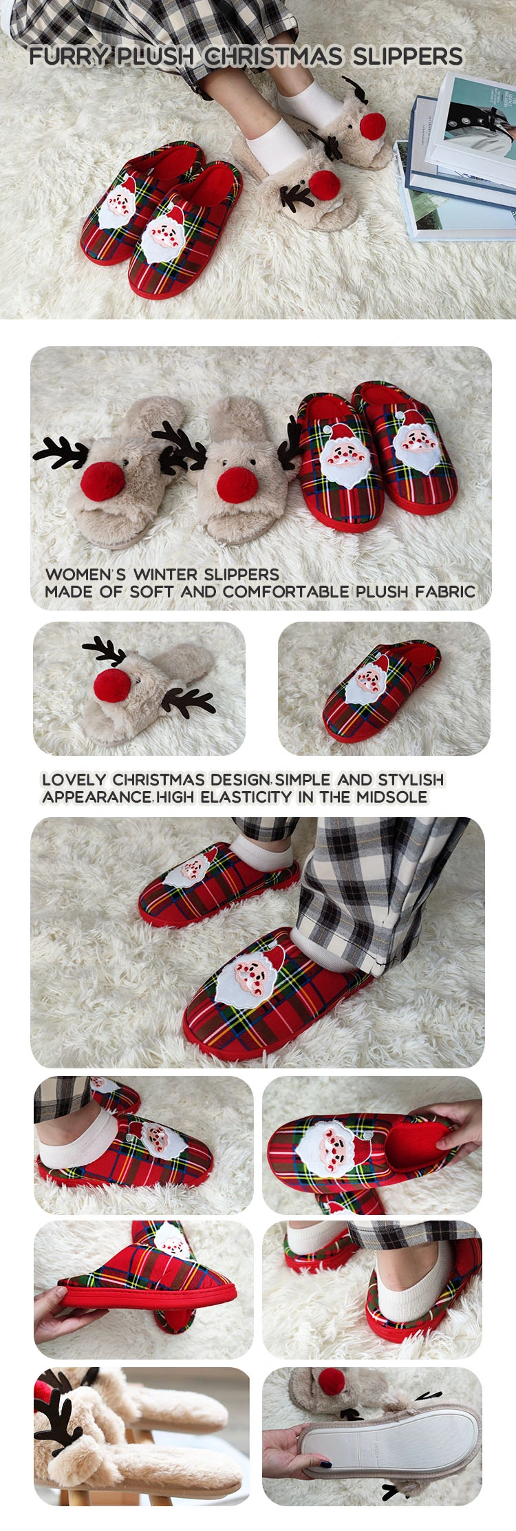 Christmas Womens Cartoon Indoor Warm Fleece Slippers Winter Soft Cozy Home Non-Slip Plush Slip-on Shoes