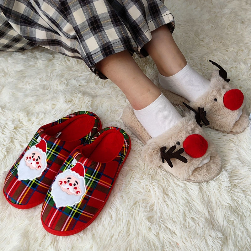 Christmas Womens Cartoon Indoor Warm Fleece Slippers Winter Soft Cozy Home Non-Slip Plush Slip-on Shoes