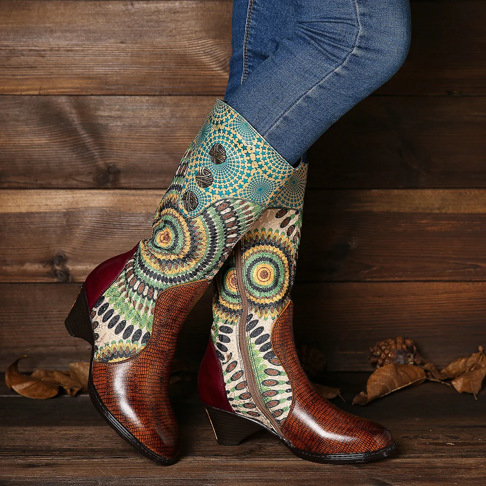 Retro Embroidery Western Cowboy Boots Women Low Heel Knight Boots