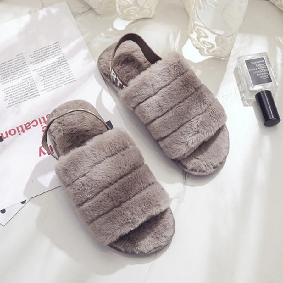 Womens Fur Slippers with Ankle Elastic Band Open Toe Winter Slides Home Slipper Plush Slip-on Fluffy Warm Indoor Slippers Comfortable Slides Esg14129