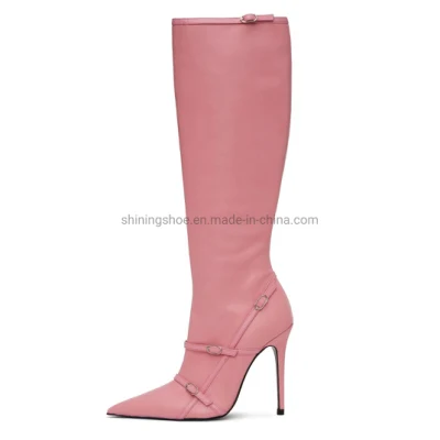 Stivali invernali, scarpe da festa sexy, fibbia in pelle rosa, stivaletti, stivaletti alla moda